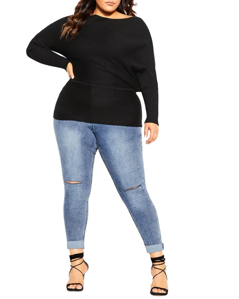 Front of a model wearing a size XS Caylee Fitted Rib Sweater in Black by City Chic. | dia_product_style_image_id:228651